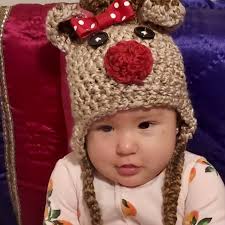 Baby Reindeer Hat Tan W BOW Christmas Rudolph Girl Hat (sizes Nb