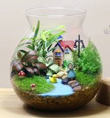 Terrarium With Blue Stones For Water And Figurines Ideias De Terrario Jardins De Fadas Em Miniatura Terrario Com Agua