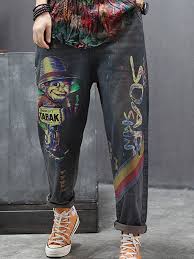 Vintage Funny Cartoon Patchwork Old Jeans For Women Women Jeans Cheap Denim Jeans Old Jeans