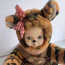 Hug Me Collection Paint Porcelain Face Tiger With Baby Bib Corduroy Dress  Plush