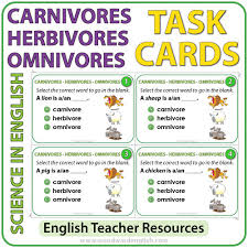They rely on both vegetation and animal protein to remain healthy. Carnivores Herbivores Omnivores Task Cards Woodward English