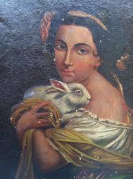 19thC American Portrait-Woman Holding Rabbit Painting Edward Dechaux NY  Canvas
