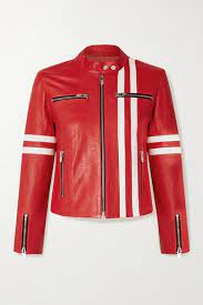 The Mighty Company The Ferrara Striped Leather Biker Jacket In Red Modesens Striped Leather Jacket Green Leather Jackets White Leather Jacket