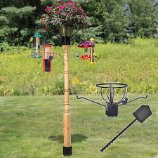 Diy Bird Feeder Pole System Duncraft Com Flower Pot Holder With Four Arm Hangers 4x4 Post Auger Flower Pot Holder Flower Pots Bird Feeding Station