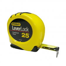 A measuring tape includes a spring inside the case to retract the tape after use. Stanley Leverlock Tape Rule 25