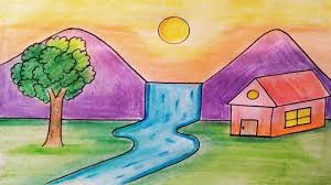 Draw landscape step by step : Easy Landscape Drawing For Kids And Beginners Learn House And Nature Simple Painting Youtube