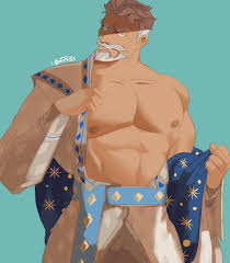 king magnifico, wish (disney), highres, 1boy, abs, alternate muscle size,  bara, bare pectorals, beard, come hither, cowboy shot, dark-skinned male,  dark skin, facial hair, goatee, grey hair, large pectorals, looking at  viewer,