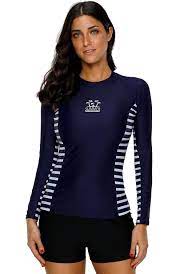 Women S Rashguard Swimwear Stripe Athletic Sun Protection Shirt Upf 50 Navy Ck180kwnryu Rash Guard Swimwear Rash Guard Women Protection Shirt