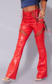 Red Lace Up Faux Leather Cut Out Flared Trousers Prettylittlething Qa