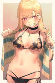 kitagawa marin, earrings, side-tie bikini bottom, long fingernails, red  eyes - Anime R34