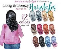 Long Hair Clipart Windblown Hairstyle Girl Custom Portrait Etsy Hair Clipart Long Hair Styles Blue And Pink Hair