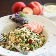 Drizzle over the olive oil and season generously. Lavender Peach Quinoa Salad