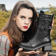 Gothic Boots Woman Low Heel Black Leather Shoes Cool Platform Punk