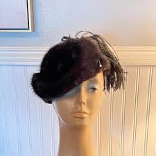 40s Vintage Angular Mink Black Hat Original Box Hat Pin Old Hollywood Glam  Reneé Exclusive