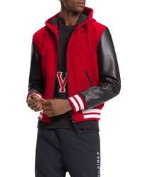 Tommy Hilfiger Mixed Media Hooded Varsity Jacket Goji Berry Varsity Jacket Men Varsity Jacket Mens Outdoor Jackets