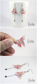 Long Earrings With A Pink Floral Origami Butterfly Origami Butterfly Earrings Floral Motif Origami Earrings Bijoux Origamis Bijoux En Papier Bijou Origami