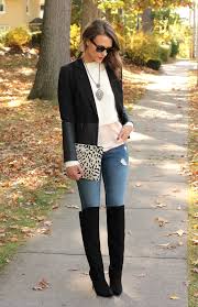 Black Boots With Jeans Black Blazer White Crop Sweater Pink Peplum Blouse Distressed Skinny Jeans Black Over The Knee Boots In 2020 Stylish Winter Outfits Fashion High Knee Boots Outfit