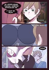 butter sugoi, gwen stacy, peter parker, spider-gwen, marvel, spider-man  (series), commentary, highres, <o> <o>, 1boy, 1girl, 3koma,  against glass, artist name, ass on glass, bodysuit, breasts, brown hair,  comic, curtains, english text,