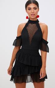 Black Crochet Mesh Frill Detail Bodycon Dress Bodycon Dress Cute Homecoming Dresses Women Dress Online