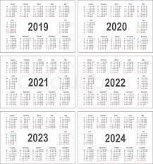 Yearly calendar showing months for the year 2024. Simple Calendar For 2019 2020 2021 Stock Vector Colourbox