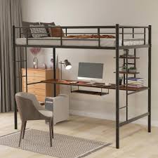 Harper Bright Designs Black Twin Loft Bed With Desk And Shelf Mf193081aab The Home Depot In 2020 Twin Loft Bed Loft Bed Loft Bed Frame
