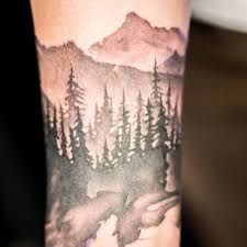 1 4 Sleeve Greyscale Forest And Mountain Sleeve Chronic Ink Toronto Tegan Rush Forest Tattoos Tree Tattoo Arm Tree Sleeve Tattoo