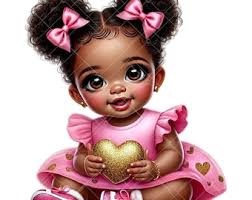 African American Baby Girl Valentine Clipart: Pink & Gold Heart (PNG)
