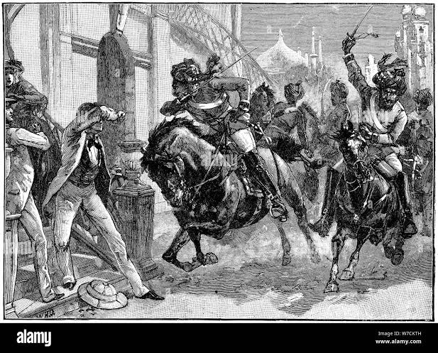 Mounted rebel Sepoys charging through the streets of Delhi, Indian Mutiny, May 1857 (c1895). Artist: Unknown Stock Photo - Alamy