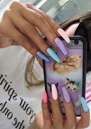 The Best Manicure Matching Technique For Summer Multicolored Nails Summer Acrylic Nails Cute Acrylic Nails Another cute long acrylic nails can be achieved by painting your square coffin nails with a bright orange color.