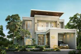 Layout a modern beach house design that considers having a big blue pool right in front of the house. Mr Okov Modern House 2 Floors Design Palembang Emporio Architect