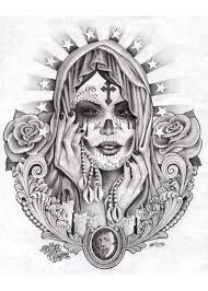 Santa Muerte By Mouse Lopez Black White Saint Art Print Poster Prison Drawings Lowrider Art Prison Art