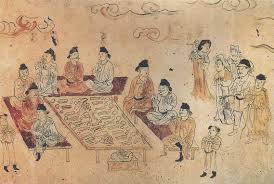 古代用筷子的情況也可參考畫像磚 漢代盛行厚葬 墓室中大量使用精美畫像磚 以反映墓主人生前的生活場景 因而留給後人豐富的形像數據 其中在四川出土的東漢畫像磚 宴飲圖 圖中有七人 正面三人 左 右各二人 座次井然有序 席前樽爵並列 碟碗橫陳 除了案前放有