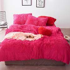 Fluffy Velvet Fleece Quilt Cover Bed Set 4 6 7 Pcs Hot Pink Velvet Bedding Sets Twin Size Bed Covers Pink Bedding Set