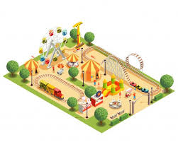 Download Amusement Park With Roller Coaster Carousels Ferris Wheel Tents Isometric Composition On White 3d For Free In 2020 Amusement Park Roller Coaster Isometric