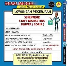 Blog lowongan kerja yang menyajikan info lowongan kerja resmi dari depnaker dan sumber loker resmi terbaru lainya seperti cdc (career development center) universitas di seluruh indonesia meliputi lowongan bank bumn cpns terbaru tahun 2021. Lowongan Kerja Deal Mobil Purwokerto Juni 2020