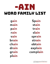 Ain Word Family List Primarylearning Org Word Families Word Family List Ing Words