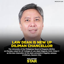 Edgardo Carlo Vistan II is the first UP Diliman chancellor to come from the  College of Law. He will serve the term for three years.  https://bit.ly/3Ge71sa