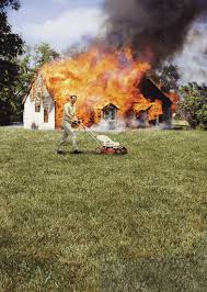 Inside his house, into a bath prepared. Psbattle Man Pushing A Mower Past A Burning House Photoshopbattles