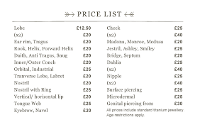 Small to medium tattoos are priced individually. Piercings Price List 2 The Tattooed Arms Lincoln Tattoo Shop