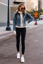 Fashion Jackson Athleisure Outfit Denim Jacket Grey Sweatshirt Black Leggings Reebok Classic Whi Black Leggings Outfit Athleisure Outfits Outfits With Leggings