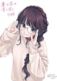 mikami saka, waguri kaoruko, kaoru hana wa rin to saku, absurdres,  commentary request, highres, translation request, 1girl, black eyes, black  hair, blush, braid, closed mouth, glasses, grey-framed eyewear, hands up,  long hair,