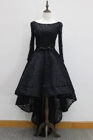 Black A Line Dress With Sleeves Black Lace Round Neck High Low Dresses Long Sleeves A Line Dresses Prom Dresses With Sleeves Evening Dresses Vintage Black Lace Evening Dress