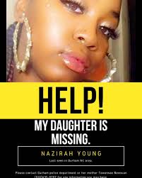 🚨 Missing Person Alert 🔍 Nazirah Young, 24 years old, is missing. 🕵️‍♀️  Last Seen: Durham, NC area 📋 Missing Report Number: P24058289 If you have  any information