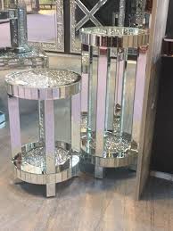 Diamond Crush Sparkle Crystal Round Mirrored Lamp Table Large Crystal Furniture Glitter Furniture Mirrored Furniture Decor