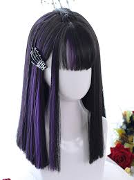 Black purple hair illustrations & vectors. Air Bangs Medium Length Hair Purple Highlights Gothic Lolita Black Wigs