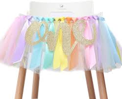 I've decided to make a high chair tutu for my little girl's first birthday party. Amazon Com Pastel Rainbow High Chair Banner For 1st Birthday Party Supplies For Highchair Tutu Skirt First Birthday With One Pennant Rainbow Birthday Decorations For Girls Rainbow Banner Health Personal Care