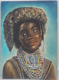 Vintage AFRICAN Beauty ,hamer Tribe, Ethiopia Black WOMAN, Oil Portrait  Painting C1975, 16 1/4 X 22 1/4 In.
