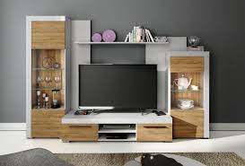 Wohnwand stone beton/weiß glanz ca. Wohnwand Avio Wohnzimmer Set Anbauwand Vitrine Wandboard Tv Lowboard Weiss Eiche