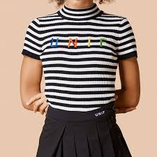 Unif Lenny Top Mock Neck Striped Knit Top Tees Embroidered Unif Letters Harajuku Knitting Tight Short Sleeve T Shirt 6031601 Sold By Ohya Fashion