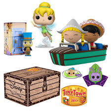 Disney Treasures Tiny Town Exclusive Subscription Box Disney Treasures Disney Toys Disney Dumbo clown, baby dumbo enamel pin, dumbo pen topper, peanut zipper pouch and timothy mouse mystery mini in collectible tin. disney treasures tiny town exclusive